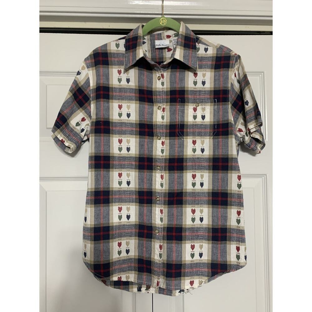 Vintage Bobbie Brooks Plaid With Embroidered Hearts Cottagecore Prairie Top M